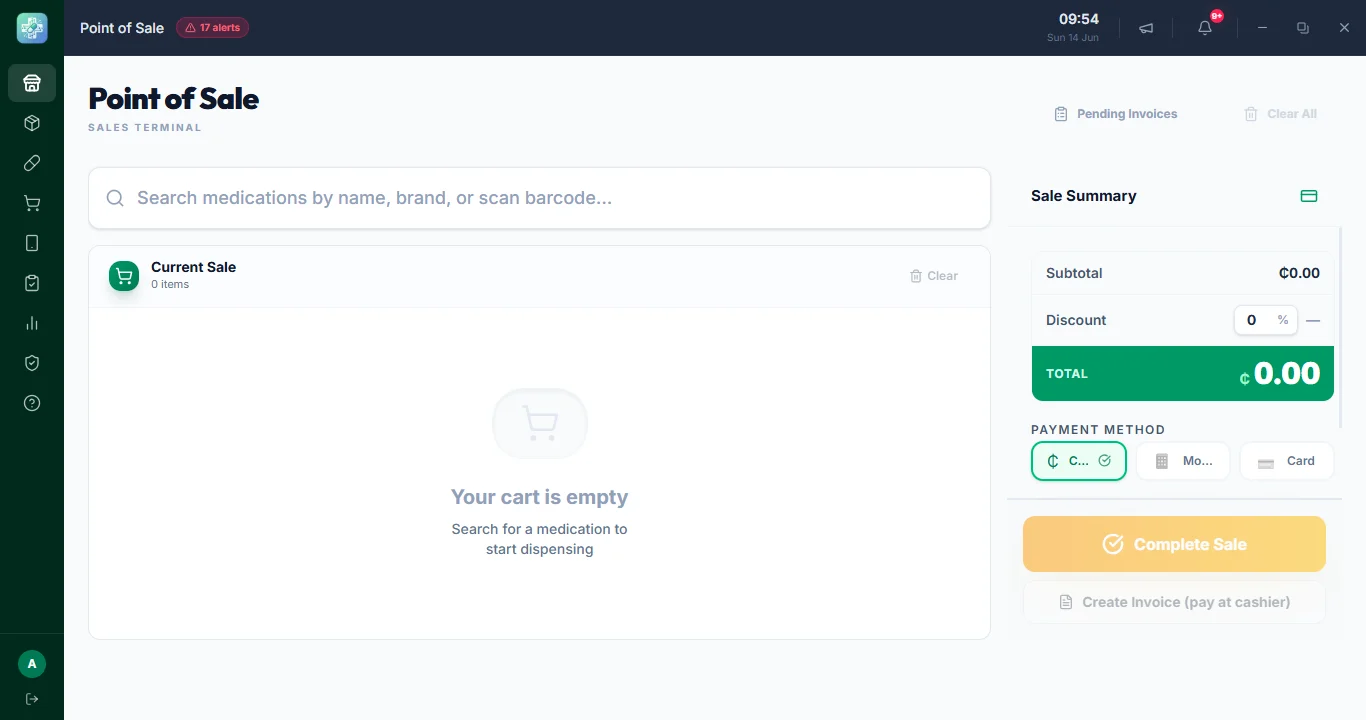 PharmaCare PMS point of sale screen